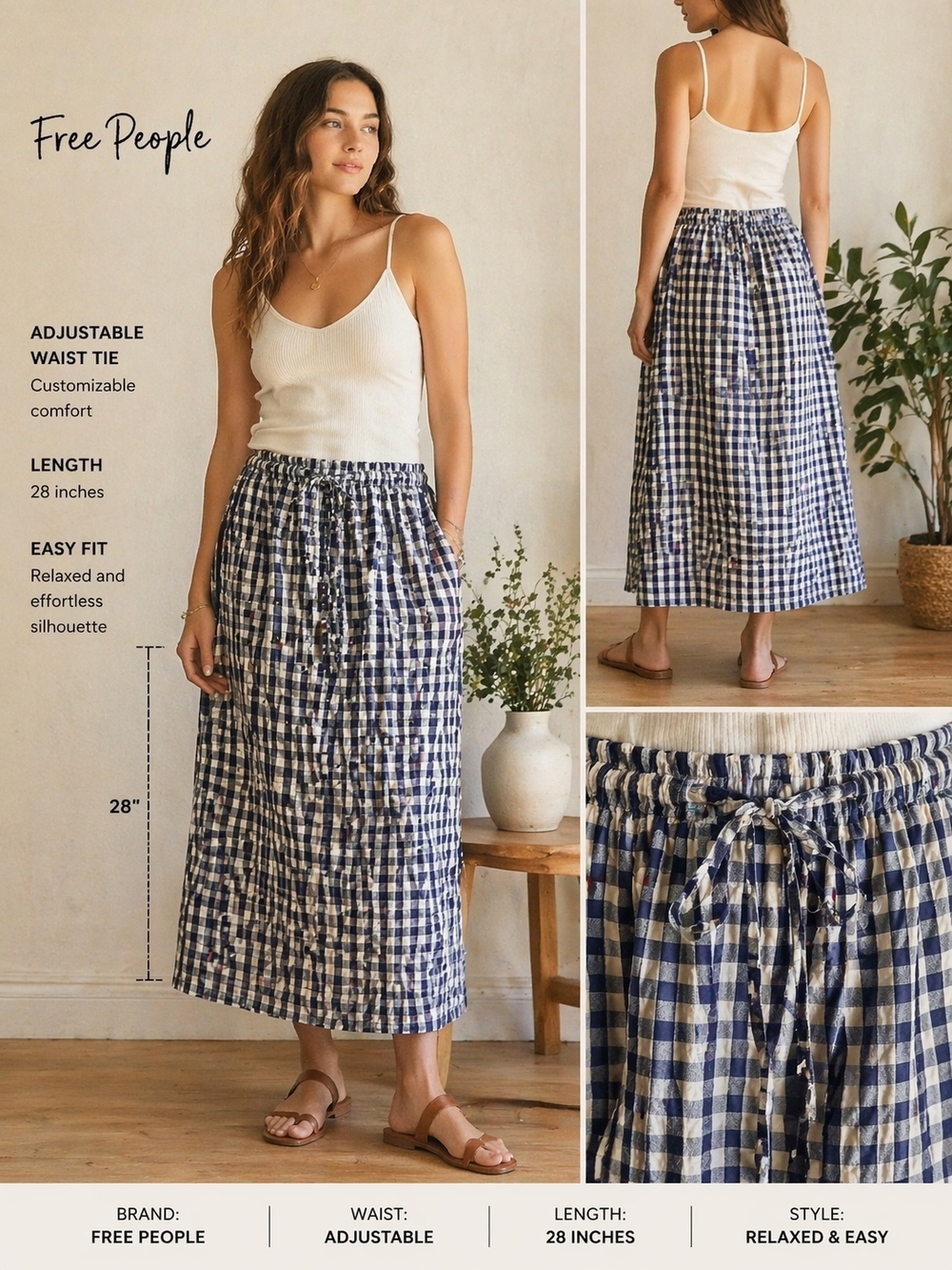 Free People Blue Gingham Maxi Skirt with Adjusts WaistTie Navy Blue  S-P